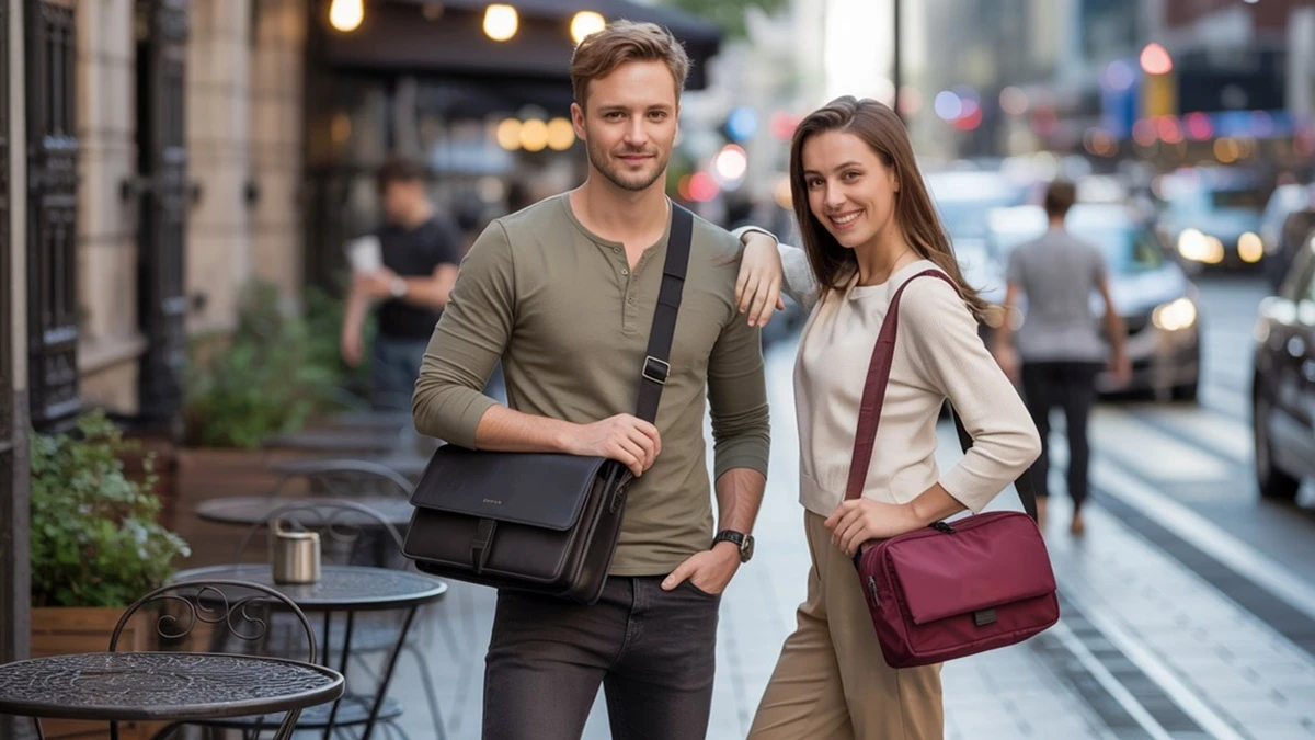 man en vrouw met schoudertassen