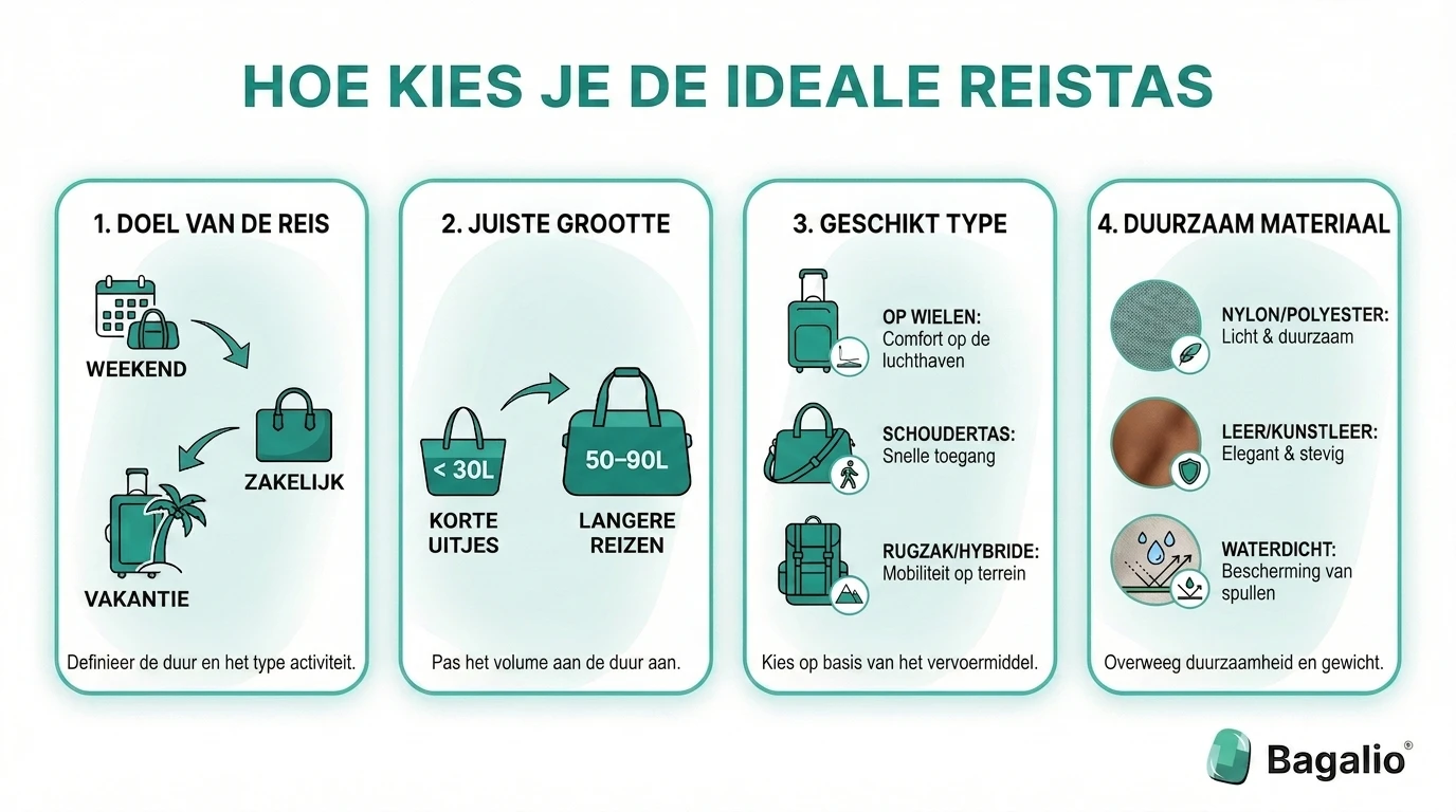 infographic: overzicht met tips voor het kiezen van de juiste reistas op basis van formaat, materiaal en gebruik