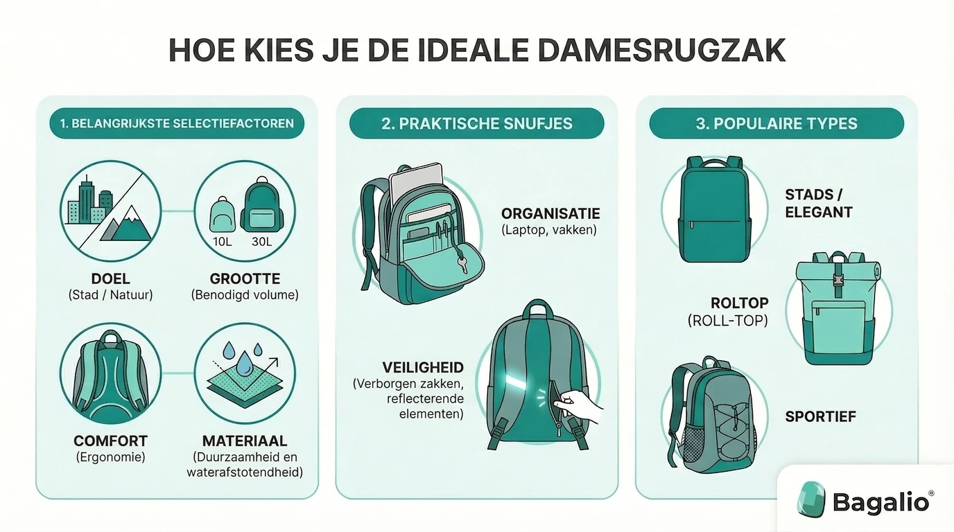 Infographic: hoe kies je de ideale damesrugzak – grootte, comfort en materiaal