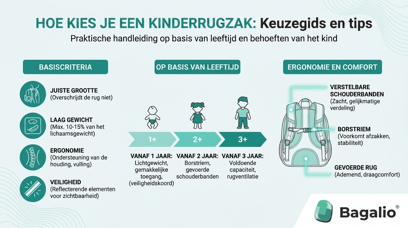 Infographic: hoe kies je een kinderrugzak op basis van leeftijd – formaat, gewicht en ergonomie