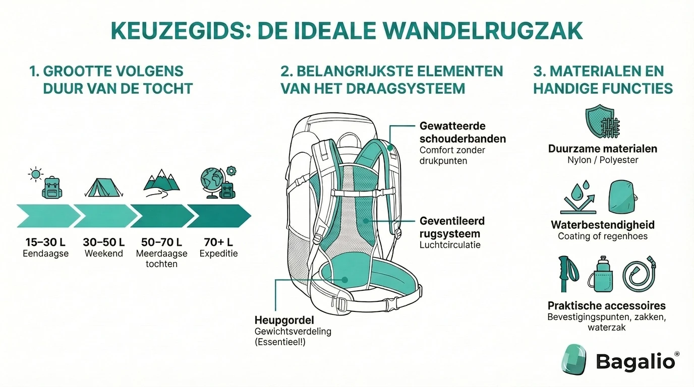 Infographic: hoe kies je de ideale trekkingrugzak – volume, draagsysteem en materiaal